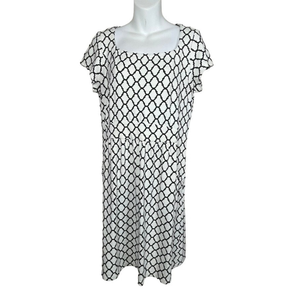 J.McLaughlin Dress Womens L White Black Trellis Geometric Square Neck Cap Sleeve